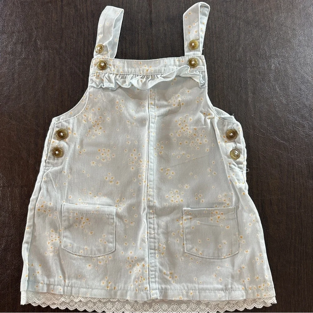 Nicole Miller Light Blue Kids Overalls Dress with Floral Pattern, Lace Sz 24M